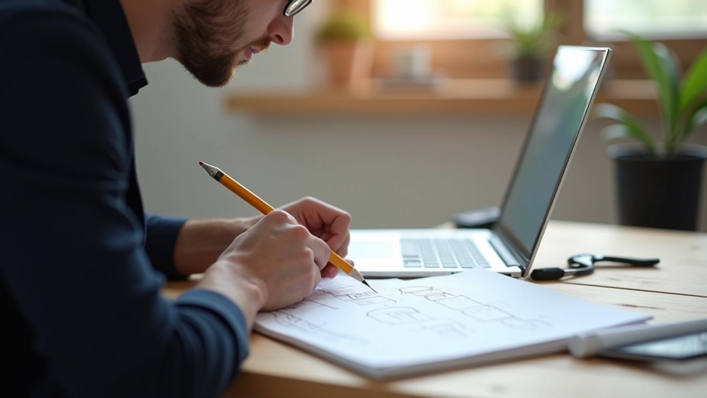 Návrhář pracuje na designu responzivní tabulky s notebookem a tužkou